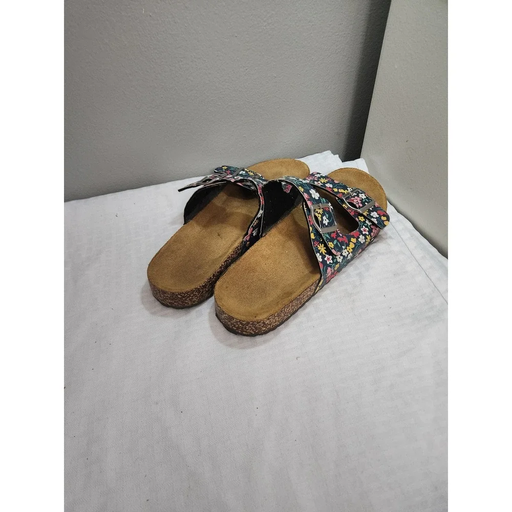 Floral Print Double Buckle Slide Sandals Navy Multi Color Cork Footbed Sz 9/10